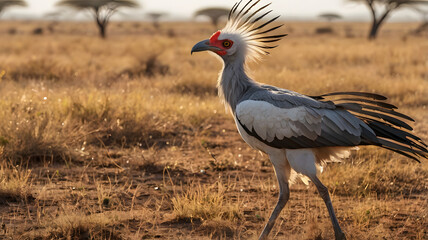Obraz premium Secretary Bird Striding Across the Savannah Ai