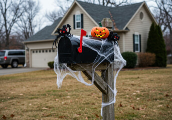 Halloween pumpkin on mailbox.
