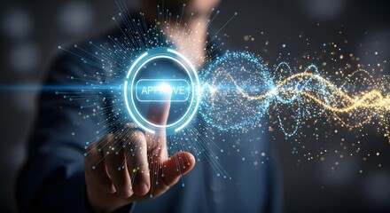 Hand Touching Holographic Approval Button