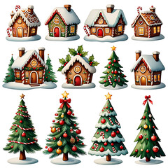Festive Christmas Gingerbread Houses and Decorated Trees Delightful Holiday Season Illustrations for Greetings and Decorations