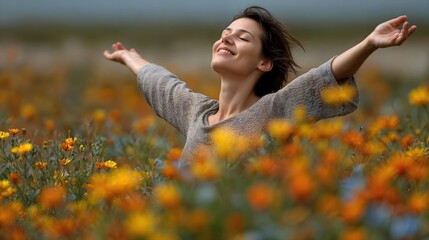 Femme souriante les bras levés dans un champ de fleurs jaunes