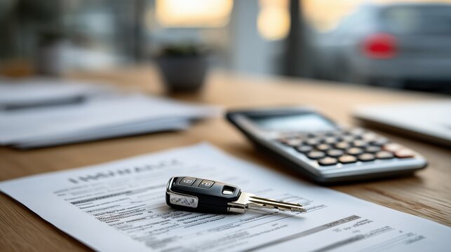 Cl&eacute;s de voiture sur documents avec calculatrice pour financement auto