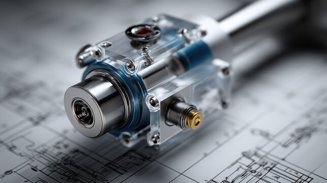 Composant m&eacute;canique de pr&eacute;cision pos&eacute; sur des plans techniques d&eacute;taill&eacute;s