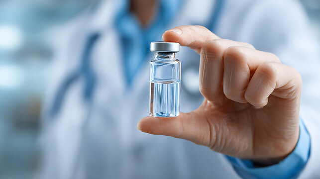 close up of medical professional holding clear vial containing liquid representing healthcare vaccination science and trust in modern treatment concept