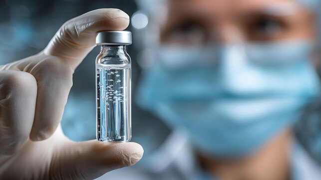close up of medical professional holding clear vial containing liquid representing healthcare vaccination science and trust in modern treatment concept - Powered by Adobe