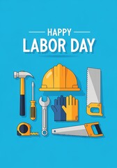 Happy labor day celebration with construction tools on blue background for card or poster design
