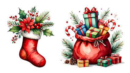 Festive Christmas Stocking and Gift Sack Watercolor Painting for Holiday Decor and Celebration Illustrations