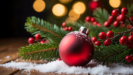 Festive Christmas still life with red ornament berries and lights creating a cozy holiday atmosphere