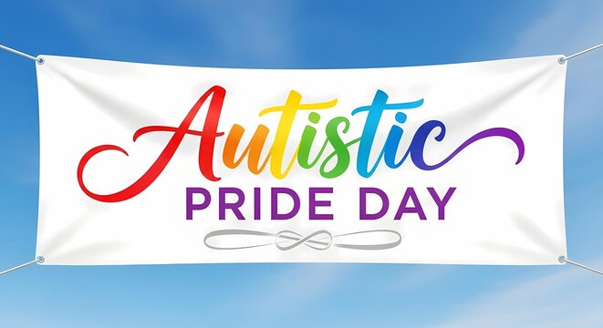 Autistic pride day celebration banner with rainbow text on blue sky background - Powered by Adobe