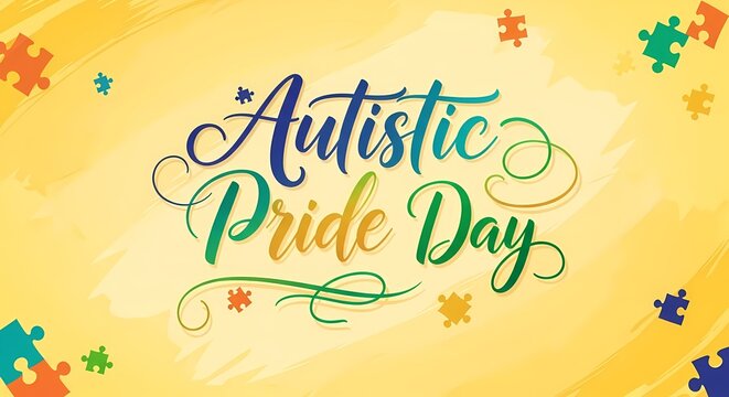 Autistic pride day celebration with colorful puzzle pieces on vibrant yellow background for awareness and support design