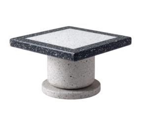 A square granite table with a cylindrical pedestal base, isolated on transparent background