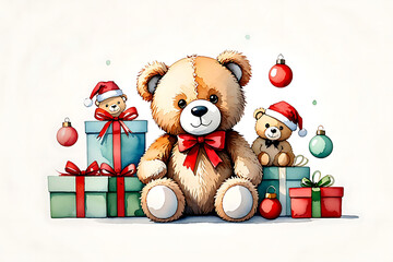 Festive Christmas Teddy Bears with Gifts and Ornaments A Watercolor Celebration of Holiday Cheer and Childhood Joy