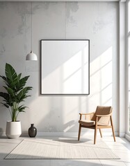 Minimalist Interior Scene with Empty Frame and Plant stock vertical