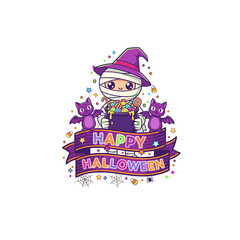 Happy birthday cake illustration with Santa Claus and a gift, a cartoon girl with a kimono dress, and a fun child with a beautiful hair decoration