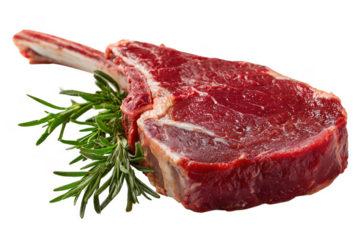 Fresh raw tomahawk steak on the bone with rosemary garnishing isolated on transparent background
