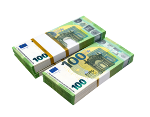 Stacks of Euro banknotes arranged neatly, showcasing the vibrant colors and intricate designs of currency.