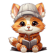 A cute cartoon ginger cat with big eyes sits and reads a book on a transparent background. This fun and friendly character is perfect for children's books, educational materials, stickers