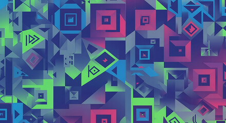 Abstract geometric pattern with squares triangles and other shapes in blue green and pink hues