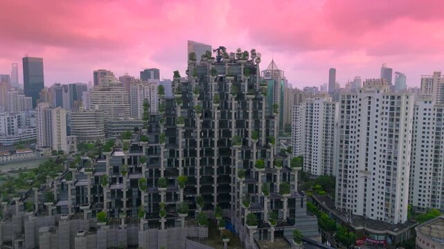 Aerial view of an architectural building with extensive vertical greenery, surrounded by an urban skyline in Shanghai, China.