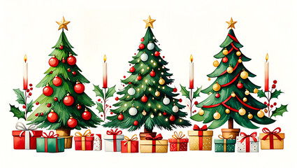 Festive Christmas tree illustration with presents and candles a charming holiday scene for greetings and celebrations