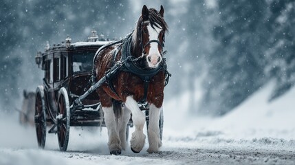 Horse-drawn carriage moving through a snowy forest landscape in winter