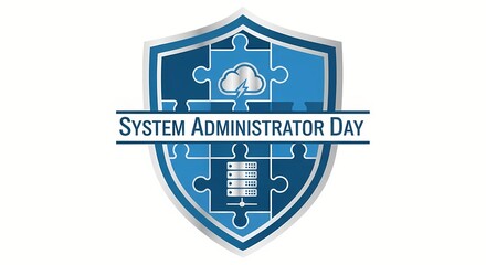 System administrator day emblem with cloud and server icon in puzzle shield design for technology event promotion