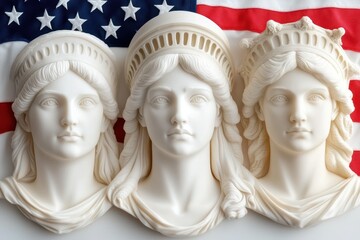 Obraz premium Three elegant busts of women, reminiscent of Liberty, are artfully displayed against an American flag backdrop