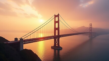 Obraz premium Golden gate bridge at sunset with orange sky and calm water reflection