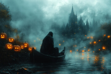 Person in boat with floating pumpkins.