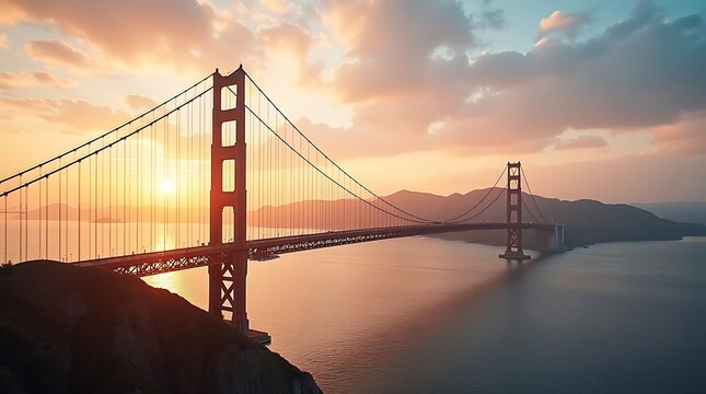 Golden gate bridge at sunset with dramatic clouds and calm water