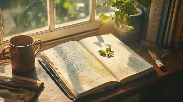 Journal opened to a page with a small pressed flower, map snippets