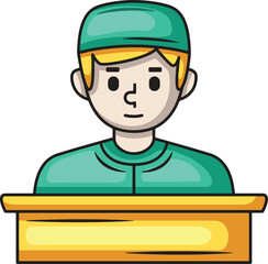 Flat illustration of a person in a green cap and scrubs behind a podium