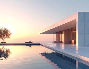 Modern seaside villa at sunrise
