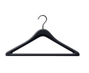A single black, modern, textured clothing hanger with a curved hook, isolated on a clean transparent background, perfect for fashion, retail, or organizational concepts