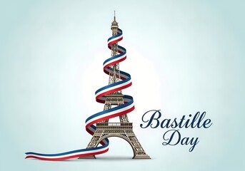 Bastille day celebration design with eiffel tower wrapped in french flag ribbon