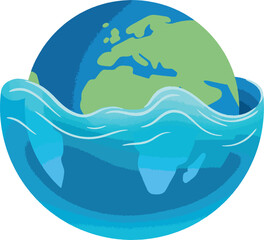 Earth partially submerged in stylized blue waves