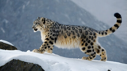  Snow Leopard climbing steep rocks during a snowstorm
 Ai