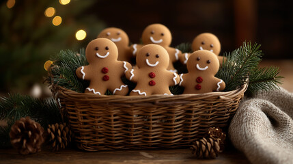 A collection of adorable handmade gingerbread men with slight variations, housed in a rustic wicker basket filled with pine cones and fir branches.