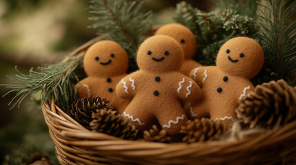 A collection of adorable handmade gingerbread men with slight variations, housed in a rustic wicker basket filled with pine cones and fir branches.
