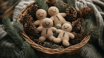 A collection of adorable handmade gingerbread men with slight variations, housed in a rustic wicker basket filled with pine cones and fir branches.
