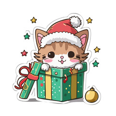 Cute Christmas Cat in Gift Box Vector &mdash; Adorable Holiday Kittens with Santa Hats and Festive Presents