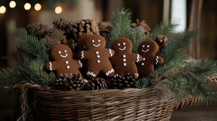 A collection of adorable handmade gingerbread men with slight variations, housed in a rustic wicker basket filled with pine cones and fir branches.