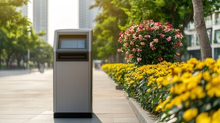 Smart waste compactor for public spaces, solar-powered, displaying fullness level, efficient waste management. 