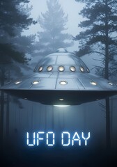 Ufo day celebration in misty forest with futuristic spaceship design for sci-fi enthusiasts