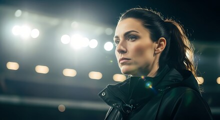 Determined female athlete under stadium lights capturing intensity and focus in competitive sports