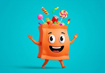 Fototapeta premium Candy Bag Cartoon Character with Sweets and Lollipops Holiday Concept on Blue Background