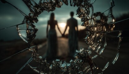 Silhouetted Couple Holding Hands Through Broken Glass Frame at Sunset Road