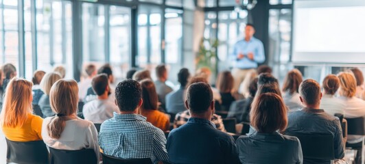 The audience engaged in a lively business presentation during a corporate seminar.