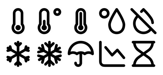 Temperature control icons set. Thermometer, high temperature, cold, snowflake, degrees, fresh air, wind, air conditioner, blades. Temperature control concept