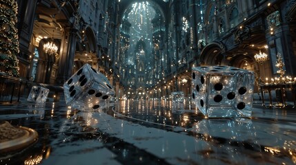 Luxurious Cathedral Interior With Large Dice On Wet Marble Floor During Christmas